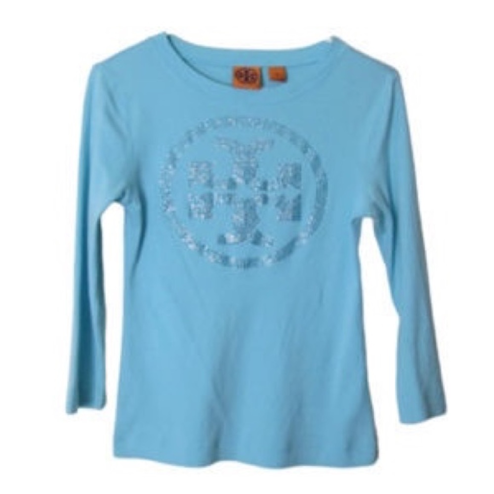 Tory Burch light blue rhinestone logo top (M)